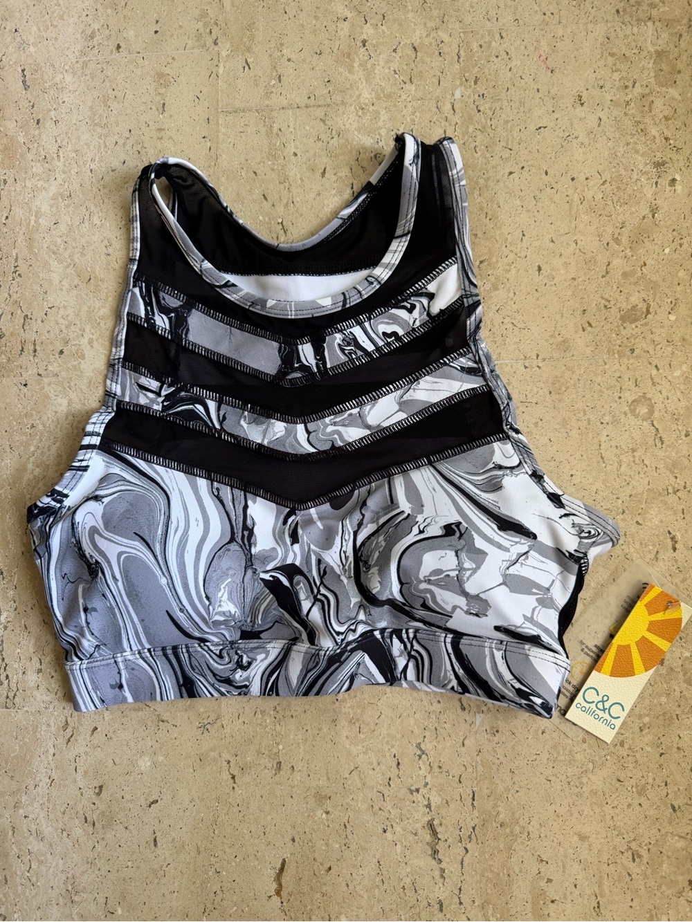 C&C California Black and White Marbled Print Sports Bra Chevron Mesh Women Small